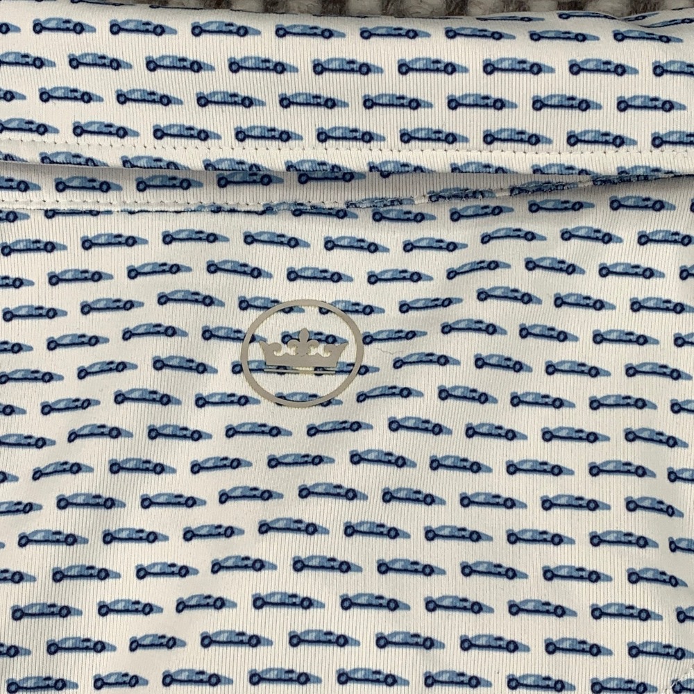 Peter Millar Polo Shirt Mens XL White Blue Race Car Print Crown Crafted Tailored